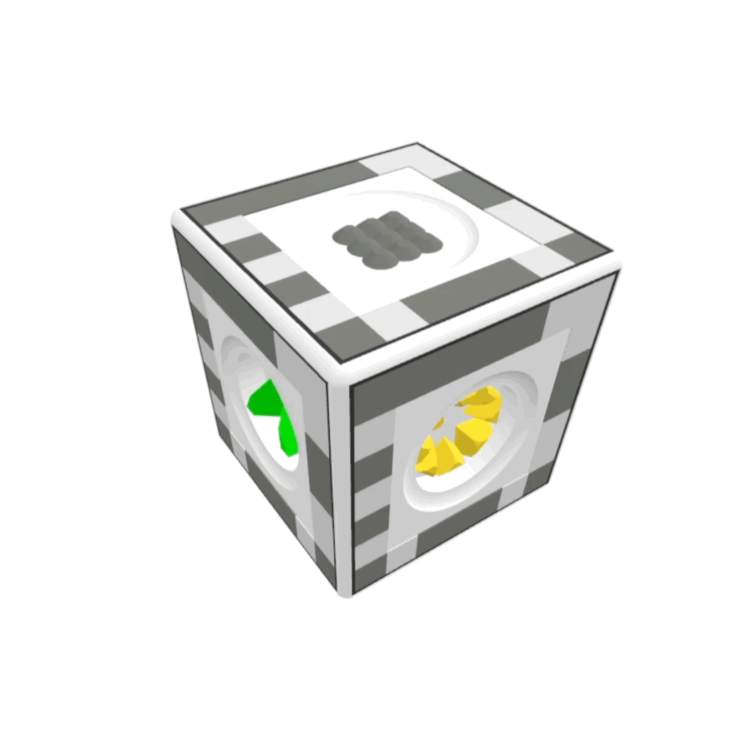 A computer-generated graphic of a white three-dimensional cube rotates quickly by 360 degrees, comes to a stop, and then rotates again in an animated loop. A distinct tactile symbol protrudes from a circular recession on each face of the cube. The cube has one symbol for each primary color, and a grey checkered QR code borders each face of the cube.